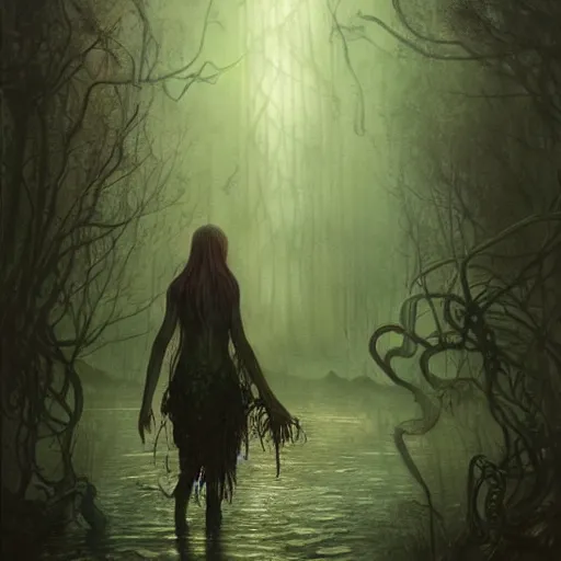 Image similar to happy lovecraftian swamp monster walking through swamp with tentacles by tom bagshaw and krenz cushart