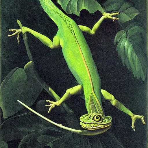 Image similar to majestic painting of a green basilisk by Michelangelo Merisi da Caravaggio