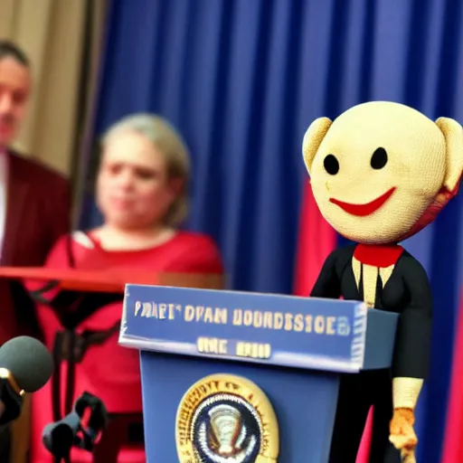 Image similar to president marionette with puppeteer in a podium giving a press conference