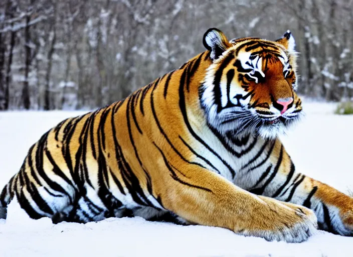 Prompt: a wounded tiger in the snow - covered grass