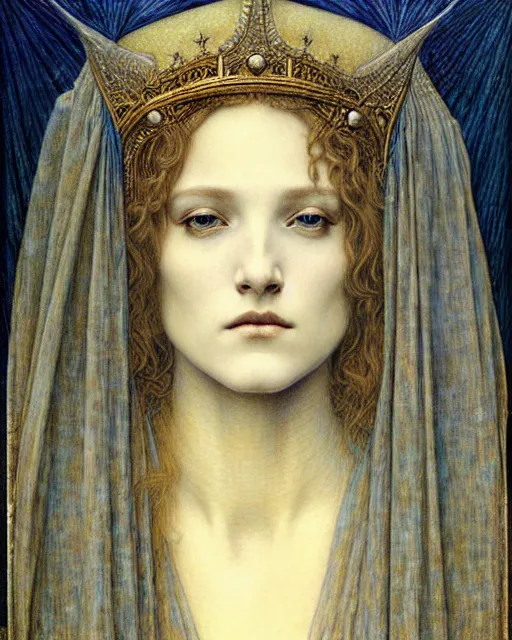 Image similar to detailed realistic beautiful young medieval queen face portrait by jean delville, gustave dore and marco mazzoni, art nouveau, symbolist, visionary, gothic, pre - raphaelite. horizontal symmetry