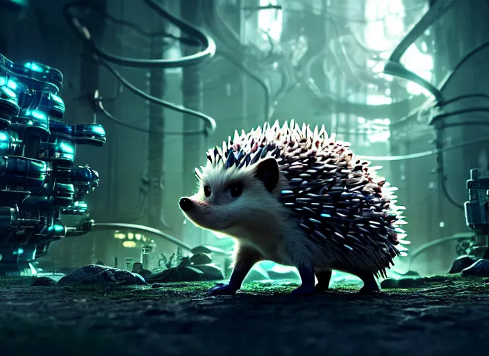 Image similar to portrait of a cyborg hedgehog, on the background of a weird magical mechanical forest. Very detailed 8k. Fantasy cyberpunk horror. Sharp. Cinematic post-processing. Unreal engine. Nanite. Ray tracing. Parallax. Tessellation