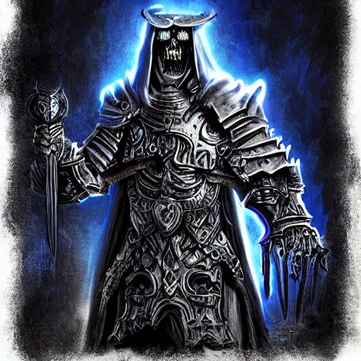 Prompt: digitail painting of the lich king wearing an armor ornated with skulls and bones, dark fantasy, dramatic scene, dramatic lights