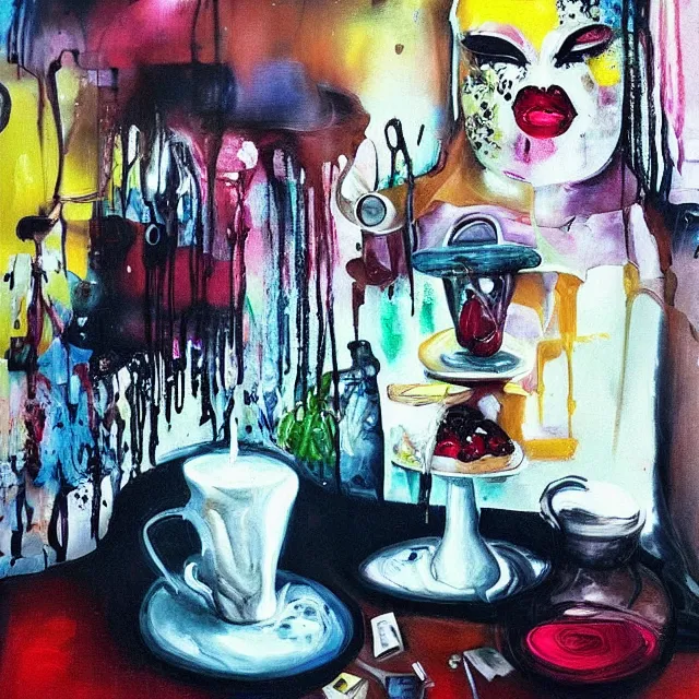 Image similar to “ sensual, neo - expressionism, surrealism, a portrait in a female art student ’ s apartment, pancakes, iced latte, berries, art supplies, a candle dripping white wax, berry juice drips, acrylic and spray paint and oilstick on canvas ”