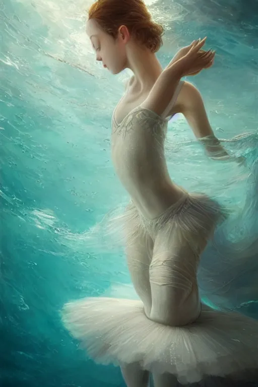 Image similar to stunningly beautiful, ballerina at the bottom of the great barrier reef, smooth, focus, highly detailed, hyper realistic, dramatic lighting, intricate, concept art, art by wlop