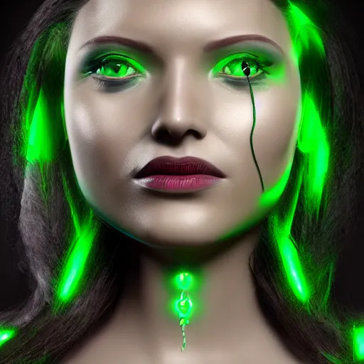 Image similar to portrait of medusa as a seductive beautiful female human cyborg hybrid, with large intertwined mechanical snakes featuring small green LEDs for hair, beautiful detailed green eyes and green lips, shallow depth of focus, award winning 3d render