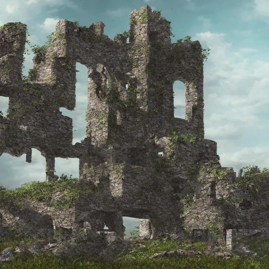 Image similar to looking up at a ruined castle on a small island only reachable by a small land bridge, 8 k, ultra realistic cinematic, intricate, cinematic light, concept art, illustration, art station