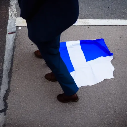 Image similar to a guy who looks like emmanuel macron urinate on a french flag in the street, 5 0 mm lens, street photography