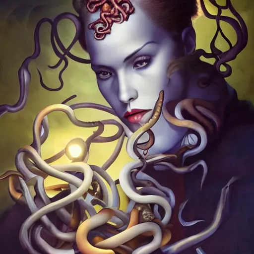 Prompt: dynamic composition, a painting of a sorcerer with hair of octopus tentacles and sea weed, a surrealist painting by tom bagshaw and jacek yerga and tamara de lempicka and jesse king, featured on cgsociety, pop surrealism, surrealist, dramatic lighting, ornate gilded details