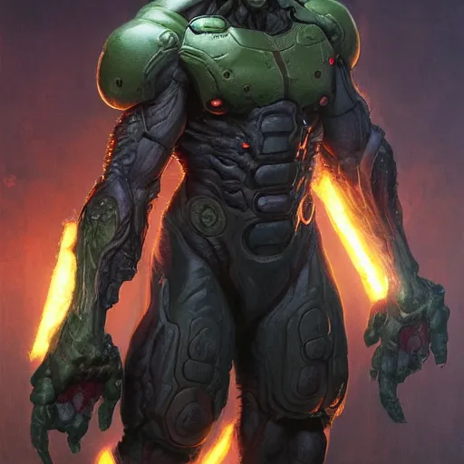 Image similar to doom eternal, mutant, tubes fused with the body, front view, painted by stanley lau, painted by greg rutkowski, painted by stanley, artgerm, masterpiece, digital art, trending on arts