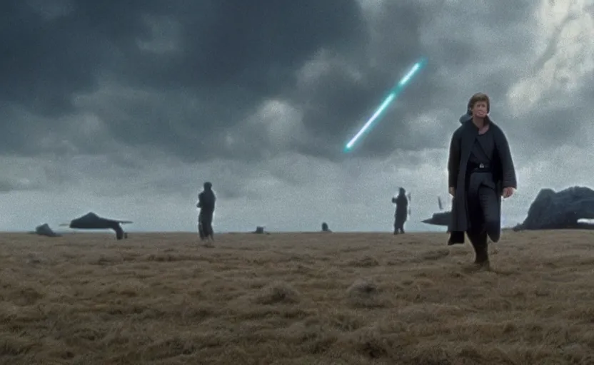 Prompt: screenshot portrait of Luke Skywalker on a windy field, with new jedi army behind him, iconic scene from 1980s film by Stanley Kubrick, last jedi, 4k HD, cinematic lighting, beautiful portrait of Mark Hammill, moody scene, stunning cinematography, anamorphic lenses, kodak color film stock