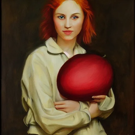 Prompt: a portrait of a red headed young woman hugging a melon by Tran Ross