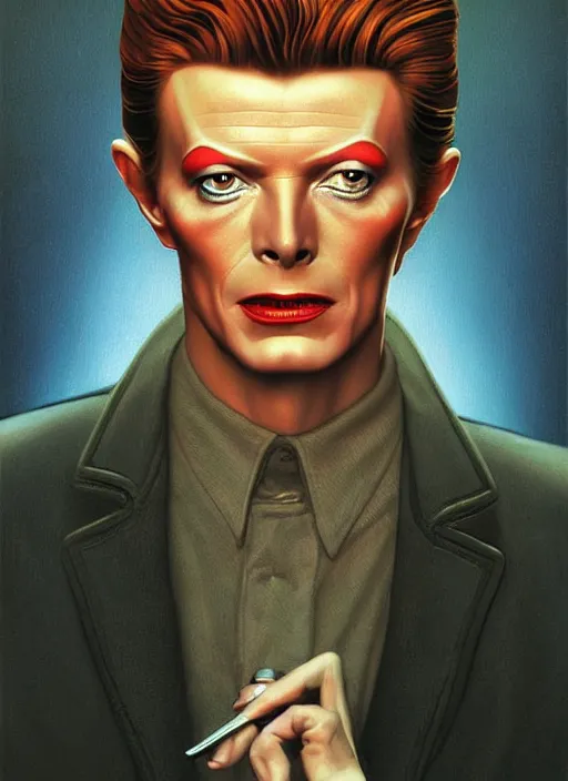 Image similar to twin peaks poster art, portrait of david bowie saw dsicovered the secrets of the black lodge, by michael whelan, rossetti bouguereau, artgerm, retro, nostalgic, old fashioned