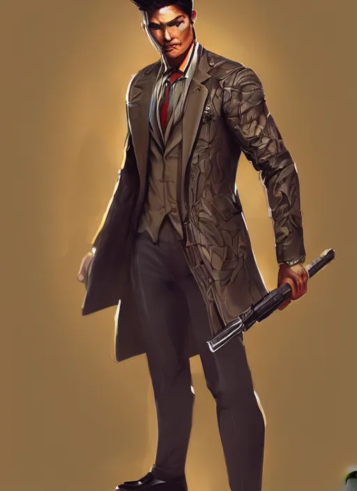 Prompt: a highly detailed illustration of Daniel Matsunaga as serious detective wearing detective coat, dramatic standing pose, muscular, intricate, elegant, highly detailed, centered, digital painting, artstation, concept art, smooth, sharp focus, league of legends concept art, WLOP
