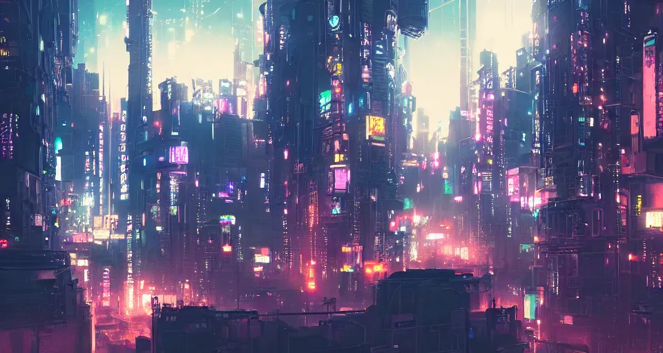 Image similar to panoramic view of a cyberpunk city at night, bokeh lights, anime, ilya kuvshinov, guweiz, greg rutkowski, concept art, digital painting, cinematic, extreme detail, expansive