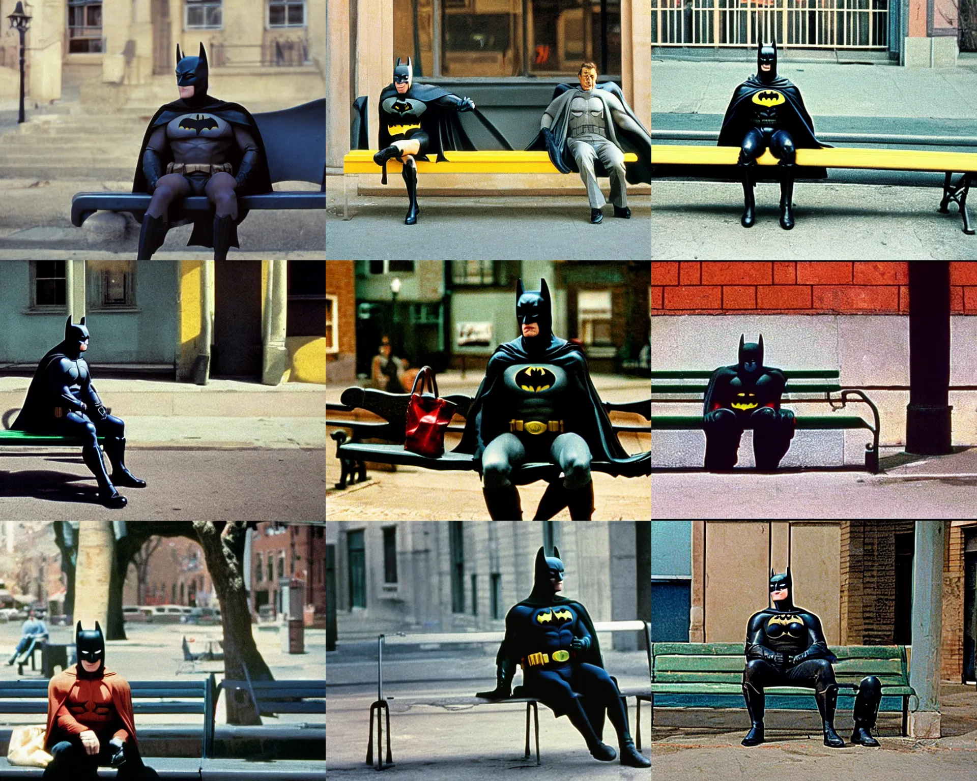 Prompt: color film still, batman sitting on the bench, street, day, automorphic light. ; babe ( 1 9 9 5 )