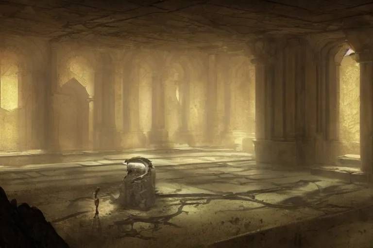 Image similar to A beautiful hyper realistic detailled matte painting of a empty room in a crypt, a broken statue of an ancient god, by John Howe and Moebius and Bastien Lecouffe Deharme and Andreas Rocha, trending on artstation