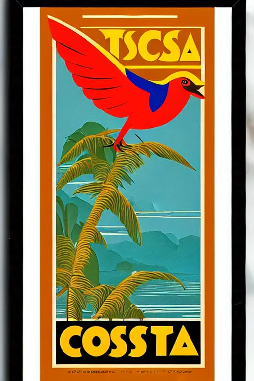 Prompt: art deco travel poster. costa rica monteverde with birds, framed poster