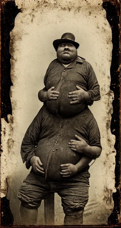 Prompt: a highly detailed digital collodion photograph, a portrait of a very obese carpenter