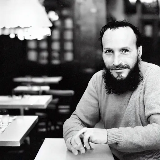 Prompt: photo from the year 1 9 9 9 of a frenchman from france seated in a restaurant. 5 0 mm, studio lighting