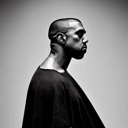 Image similar to a ( ( ( ( ( ( ( ( ( ( ( ( ( ( ( ( chiaroscuro lighting portrait ) ) ) ) ) ) ) ) ) ) ) ) ) ) ) of kanye west dressed as rick owens, black background, portrait by julia margaret cameron, shallow depth of field, 8 0 mm, f 1. 8