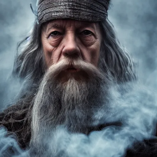 Image similar to portrait of gandalf, eyes closed, covered in smoke, 4 k