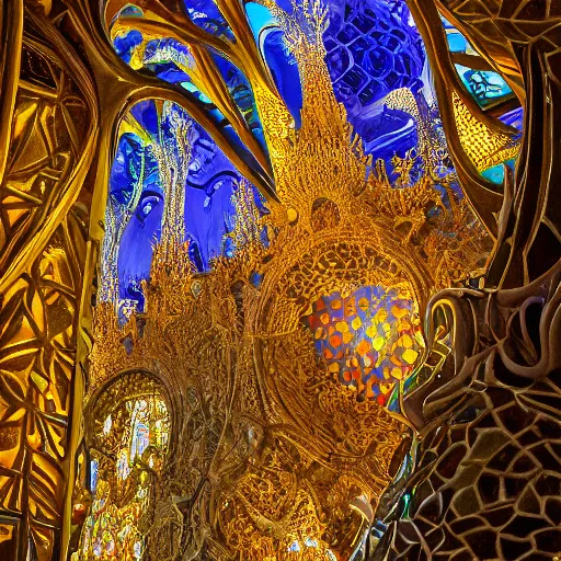 Prompt: intricate detailed glowing visionary architecture and gardens by antoni gaudi, john stephens, alex gray
