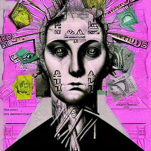 Image similar to post - punk new age album cover, asymmetrical design, frame of a dollar bank notes, capitalism, magic, apocalypse, psychedelic, black white pink, magic, giger h. r., giuseppe arcimboldo