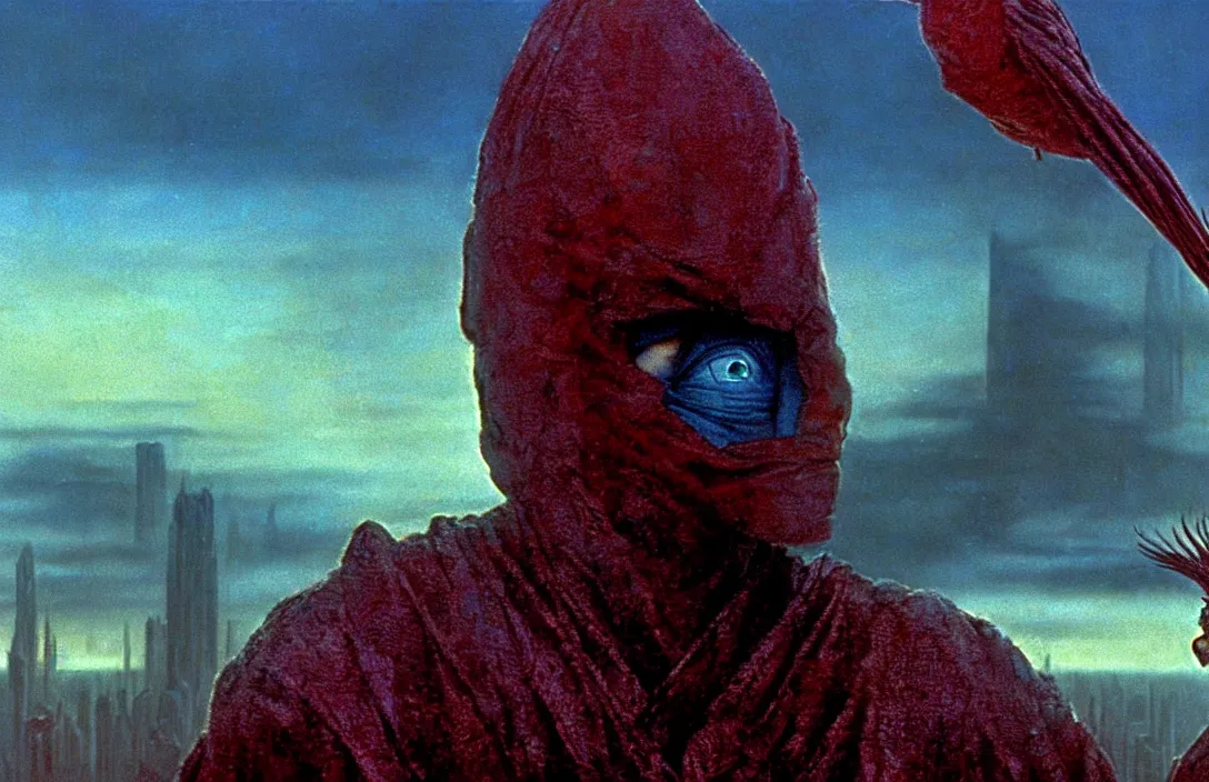 Image similar to extremely detailed portrait film shot of a birdman wearing dark ragged robes, scifi city sunrise landscape background by denis villeneuve, amano, yves tanguy, ernst haeckel, max ernst, roger dean, ridley scott, dramatic closeup composition, rich moody colours, blue eyes