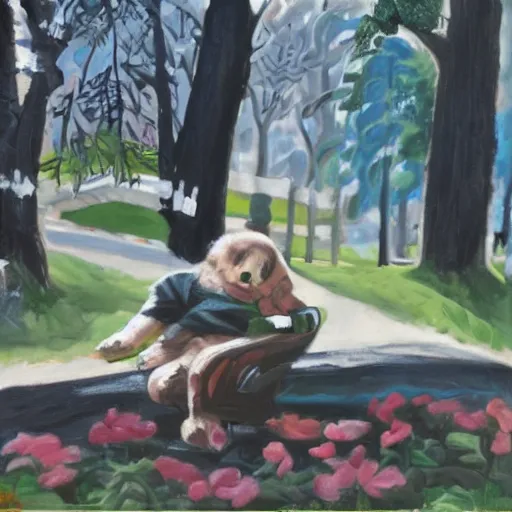 Prompt: a cute dog sleeping in a park, pastel art, pastel colors