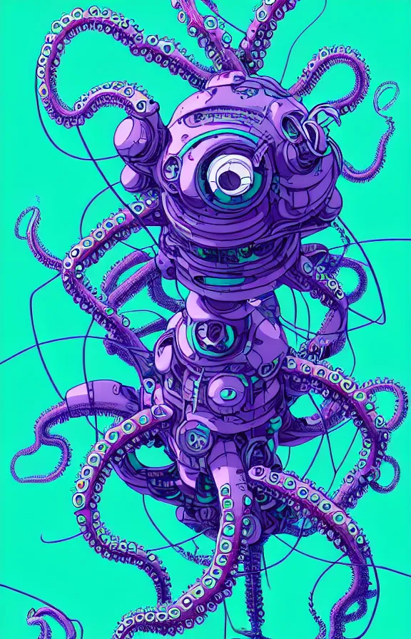 Image similar to robotic cyberpunk octopus by miyazaki, blue green purple color palette, illustration, kenneth blom, mental alchemy, james jean, pablo amaringo, naudline pierre, contemporary art, hyper detailed