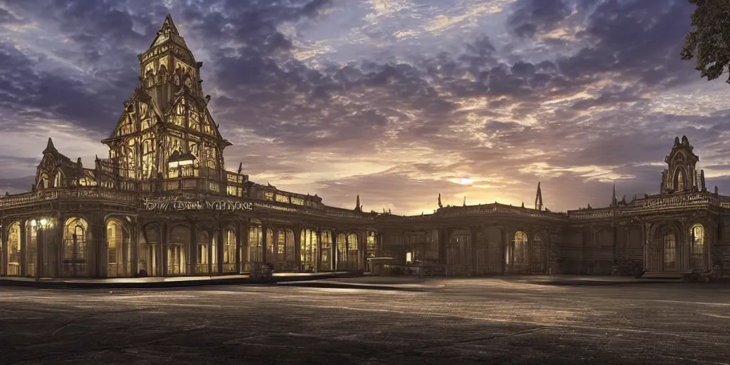 Prompt: extremely detailed ornate stunning sophisticated beautiful elegant victorian airport exterior by Henry Young Darracott Scott and Francis Fowke, stunning volumetric light, stainless steal, concrete, translucent material, beautiful sunset, tail lights