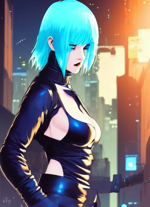 Image similar to hyper realistic photograph portrait of cyberpunk pretty girl with blue hair, beautiful blue eyes, wearing a full leather outfit, holding a whip, in city street at night, by makoto shinkai, ilya kuvshinov