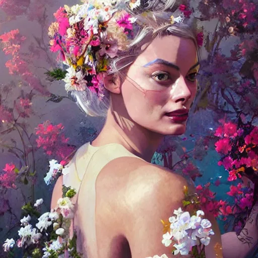 Prompt: painting of margot robbie dressed with flowers, illustration, artistic, colorful, hyper detailed, in the style of Greg Rutkowski
