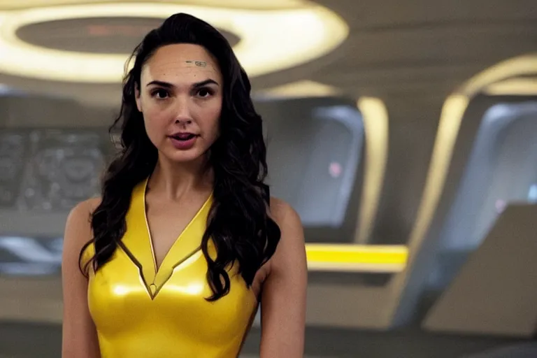 Image similar to Gal Gadot, wearing a yellow uniform, is the captain of the starship Enterprise in the new Star Trek movie