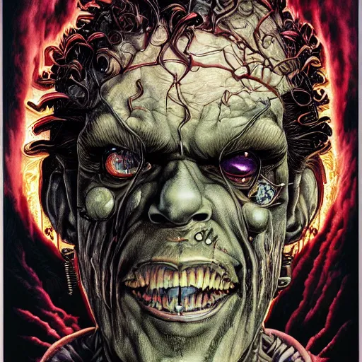 Image similar to portrait of crazy frankenstein, symmetrical, by yoichi hatakenaka, masamune shirow, josan gonzales and dan mumford, ayami kojima, takato yamamoto, barclay shaw, karol bak, yukito kishiro