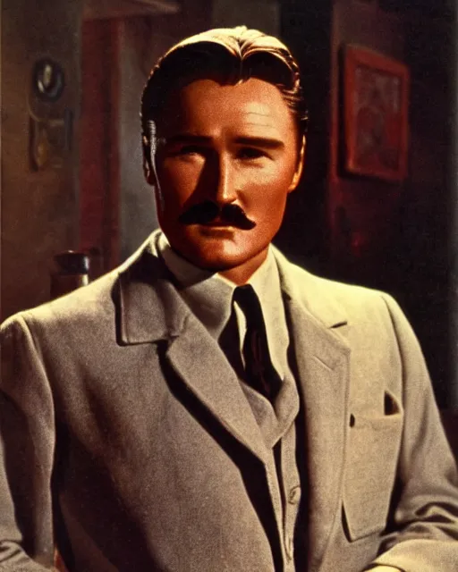 Image similar to Errol Flynn as a scientist. 1980s dystopian Soviet Russia, propaganda screens. Unreal engine, fantasy art by Thomas Cowperthwait Eakins. Faithfully depicted facial expression, perfect anatomy global illumination, radiant light, detailed and intricate environment