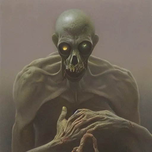 Image similar to zombie by Zdzisław Beksiński, oil on canvas