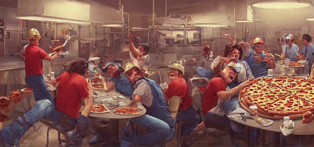 Image similar to !dream oil rig workers eating a pizza, 80s style, smiling maniacally, 8k, james gurney, greg rutkowski, john howe, artstation