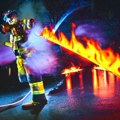 Prompt: photo of a clown using a flamethrower projecting a long bright flame towards a house fire, award-winning, highly-detailed, 8K