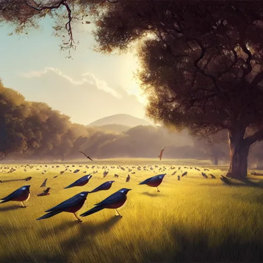 Image similar to flock of spanish swallow birds in avila, green fields, oaks, morning light, spring, 4 k, midday light, concept art, by wlop, ilya kuvshinov, artgerm, krenz cushart, greg rutkowski, pixiv. cinematic dramatic atmosphere, sharp focus, volumetric lighting, cinematic lighting, studio quality