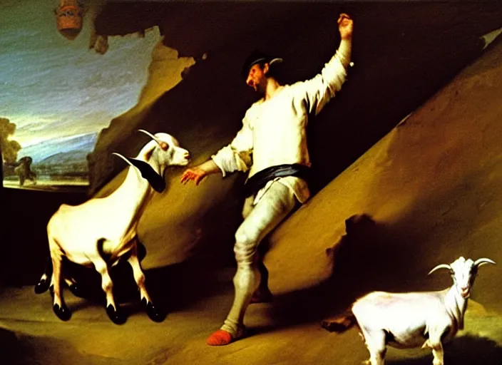 Image similar to man dancing with goats by francisco de goya and greg rutkowski, detailed masterpiece oil painting