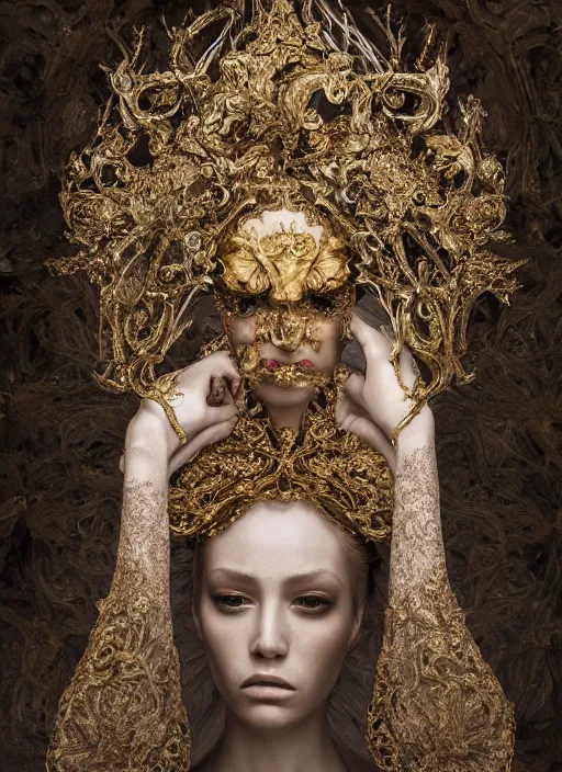 Image similar to a portrait of female by stefan geselle and nekro borja, photorealistic, intricate details, hyper realistic, fantasy, elegant, baroque gold headpiece, photorealistic, canon r 3, photography, wide shot, symmetrical features, wide angle shot, head to toe, standing pose, feet on the ground, wearable art