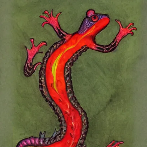 Prompt: salamander on fire in the style of a grotesque of an illuminated manuscript