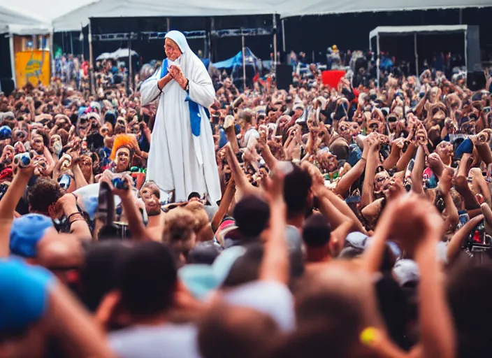 Prompt: photo still of mother teresa on stage at vans warped tour!!!!!!!! at age 4 8 years old 4 8 years of age!!!!!!! throwing roseries to the crowd, 8 k, 8 5 mm f 1. 8, studio lighting, rim light, right side key light