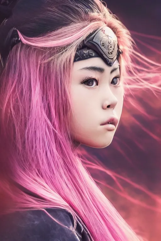 Image similar to highly detailed beautiful photo of madison beer as a young female samurai, practising her sword staces, symmetrical face, beautiful eyes, pink hair, realistic anime art style, 8 k, award winning photo, pastels colours, action photography, 1 / 1 2 5 shutter speed, sunrise lighting