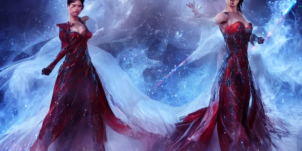 Image similar to extraordinary sensual attractive fairytale princess dress made of fire and ice, snow, fusion, eruption, particles, face detailed Catherine zeta jones, 3d model, epic scene unreal render depth of focus blur hyper realistic detail Star Wars, x-men storm , fantasy art behance