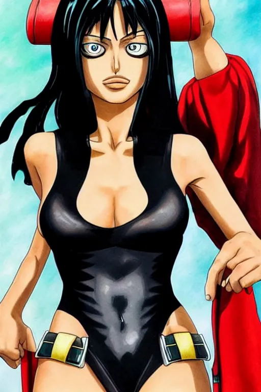 Image similar to upper body portrait of angelina jolie as Nico Robin from One Piece, cosplay