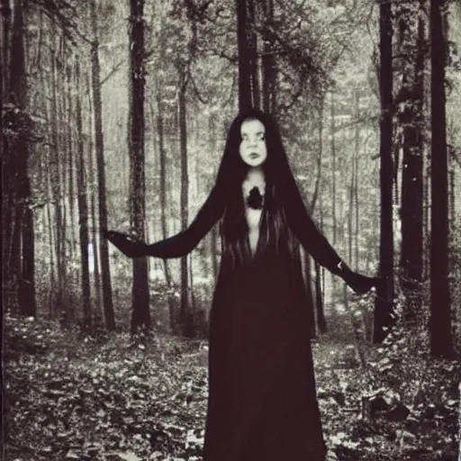 Image similar to found photo of a creepy beautiful witch woman with long hair floating in a forest, magical dark and spooky, flash photography