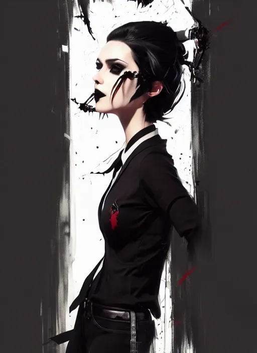 Image similar to ultradetailed beautiful panting of a stylish goth woman wearing a shirt with a tie, she has black hair, distressed, by ilya kuvshinov, greg rutkowski, ashley wood, on artstation